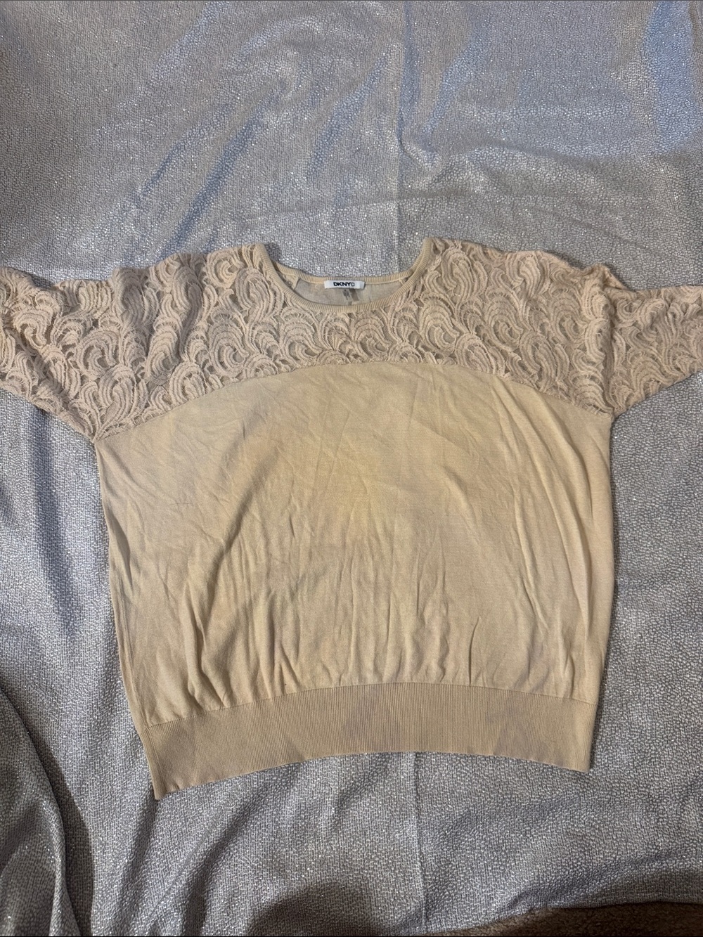 DKNYC Taupe Short Sleeve Lace Yoke Top